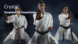  Presentation with fighters - Presentation design having female-karate-fighters-training background and a wine colored foreground