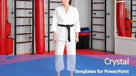  Presentation with karate do - Audience pleasing presentation consisting of female karate instructor in dojo backdrop and a teal colored foreground