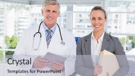  Presentation with medical smiling doctor - Beautiful slide set featuring female lab coat - confident doctor and pretty businesswoman backdrop and a light gray colored foreground