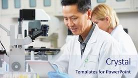  Presentation with computer based test - PPT layouts with female lab coat - male scientist using tablet computer background and a sky blue colored foreground