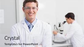  Presentation with scientist - Beautiful slide set featuring female lab coat - scientist smiling at camera arms backdrop and a sky blue colored foreground
