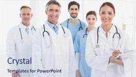  Presentation with lab coat - Audience pleasing slides consisting of female lab coat - smiling doctors all standing together backdrop and a sky blue colored foreground