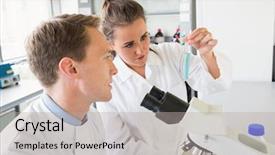  Presentation with employees working together - Beautiful presentation theme featuring female lab coat - young scientists working together backdrop and a light gray colored foreground