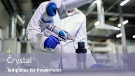  Presentation with rubber gloves - PPT theme consisting of female-lab-technician-in-blue background and a light blue colored foreground