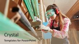  Presentation with labor - Colorful slides enhanced with female labor - woman controling plate saw backdrop and a coral colored foreground