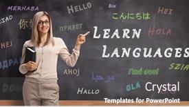  Presentation with language - Beautiful PPT layouts featuring female-language-teacher-pointing backdrop and a dark gray colored foreground