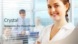  Presentation with female leader - Beautiful PPT layouts featuring female leader looking at camera with team of partners working in office behind backdrop and a sky blue colored foreground