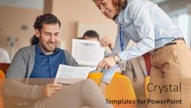  Presentation with female leader - Slide set having female-leader-sharing-documents background and a coral colored foreground