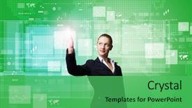  Presentation with media - Beautiful presentation theme featuring female leaders - attractive businesswoman touching icon backdrop and a seafoam green colored foreground