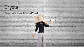  Presentation with box carton - Audience pleasing PPT theme consisting of female leaders - businesswoman wearing carton box backdrop and a  colored foreground