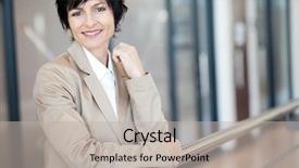  Presentation with middle ages portrait - Theme enhanced with female leaders - elegant middle aged businesswoman portrait background and a light gray colored foreground