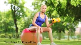  Presentation with exercise - Cool new theme with female lifting weigth and sitting on an exercise ball in a park backdrop and a yellow colored foreground