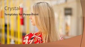  Presentation with hair salon - Colorful presentation theme enhanced with female long blonde hair rear view indoor beauty salon backdrop and a coral colored foreground