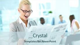  Presentation with portrait of excited overjoyed female - Slide deck consisting of female looking surprisingly at newspaper background and a sky blue colored foreground
