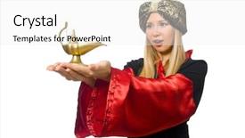 Presentation with magician - Presentation theme featuring female magician isolated on white background and a white colored foreground