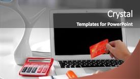  Presentation with online payment - PPT theme consisting of female making online payment close background and a  colored foreground