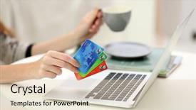  Presentation with online payment - PPT layouts with female making online payment close background and a lemonade colored foreground