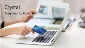  Presentation with online payment - PPT theme featuring female making online payment close background and a  colored foreground