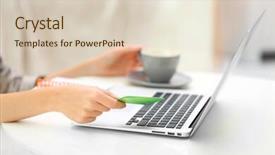  Presentation with online payment - Audience pleasing slide deck consisting of female making online payment close backdrop and a  colored foreground