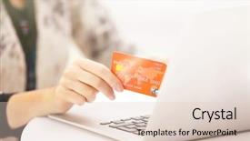  Presentation with online payment - Audience pleasing PPT layouts consisting of female making online payment close backdrop and a  colored foreground