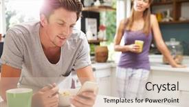  Presentation with nurse and mobile phone - Slide set having female male - couple eating breakfast whilst checking background and a lemonade colored foreground