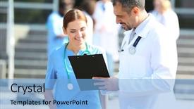  Presentation with medical clipboard - Presentation theme enhanced with female male - medical concept - two doctors background and a  colored foreground