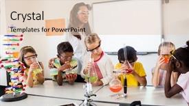  Presentation with classroom - Audience pleasing PPT theme consisting of female male - teacher having science lesson backdrop and a lemonade colored foreground