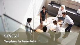  Presentation with team meeting - Slide set featuring female manager and business team background and a gray colored foreground