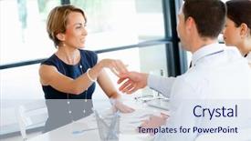  Presentation with employees - Slide set with female manager assessing work of her employees background and a sky blue colored foreground