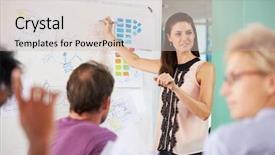  Presentation with female office graphics - Audience pleasing theme consisting of female manager leading brainstorming meeting backdrop and a soft green colored foreground