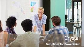  Presentation with project manager meeting - Theme having female manager leading brainstorming meeting background and a coral colored foreground