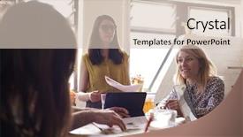  Presentation with meeting table - Cool new presentation theme with leading teams - female manager leads meeting backdrop and a soft green colored foreground