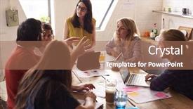  Presentation with project manager meeting - Presentation theme with female manager leads meeting around table in design office background and a coral colored foreground
