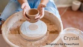  Presentation with pottery - Beautiful PPT theme featuring female master holds wet pot over the pottery wheel backdrop and a coral colored foreground