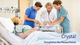  Presentation with newborn baby hospital - PPT theme enhanced with female mature doctor examining newborn background and a sky blue colored foreground