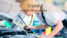  Presentation with female mechanic - Presentation theme having female mechanic examine car engine with light in workshop background and a coral colored foreground