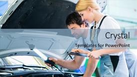  Presentation with female mechanic - Slide deck having female mechanic team examine car background and a light blue colored foreground