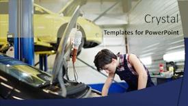  Presentation with female mechanic - PPT layouts consisting of mechanic tuning one of car background and a mint green colored foreground