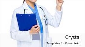  Presentation with finger point - Cool new presentation theme with female medical doctor with file pad and finger point backdrop and a white colored foreground