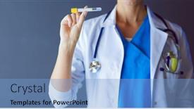  Presentation with test tube laboratory - Audience pleasing presentation design consisting of female-medical-or-research-scientist backdrop and a light blue colored foreground