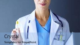  Presentation with lab test - Audience pleasing slide set consisting of female medical or research scientist backdrop and a  colored foreground