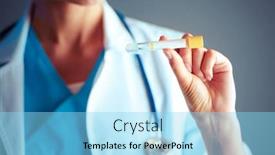  Presentation with lab test - Colorful slide deck enhanced with female medical or research scientist or doctor using looking at a test tube of clear solution in a lab or laboratory backdrop and a arctic colored foreground