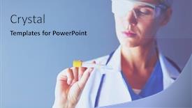  Presentation with lab test - Amazing PPT layouts having female-medical-or-research-scientist backdrop and a light blue colored foreground