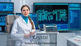  Presentation with electronic engineer - Beautiful PPT theme featuring female-microelectronics-engineer-works backdrop and a light blue colored foreground