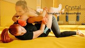  Presentation with grab hand - Slide set with female-mma-fighter-performs-painful background and a gold colored foreground