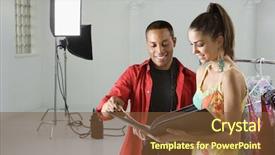  Presentation with art portfolio - PPT layouts having female model looking at portfolio background and a tawny brown colored foreground