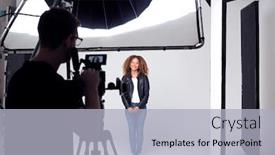  Presentation with working - Slide set with female-model-working-on-set background and a light gray colored foreground