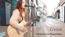  Presentation with acoustic - Amazing slide set having female-musician-busking-playing-acoustic backdrop and a coral colored foreground