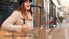  Presentation with acoustic - Beautiful PPT theme featuring female-musician-busking-playing-acoustic backdrop and a coral colored foreground