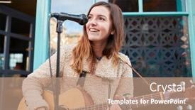  Presentation with acoustic - Colorful PPT layouts enhanced with female-musician-busking-playing-acoustic backdrop and a coral colored foreground